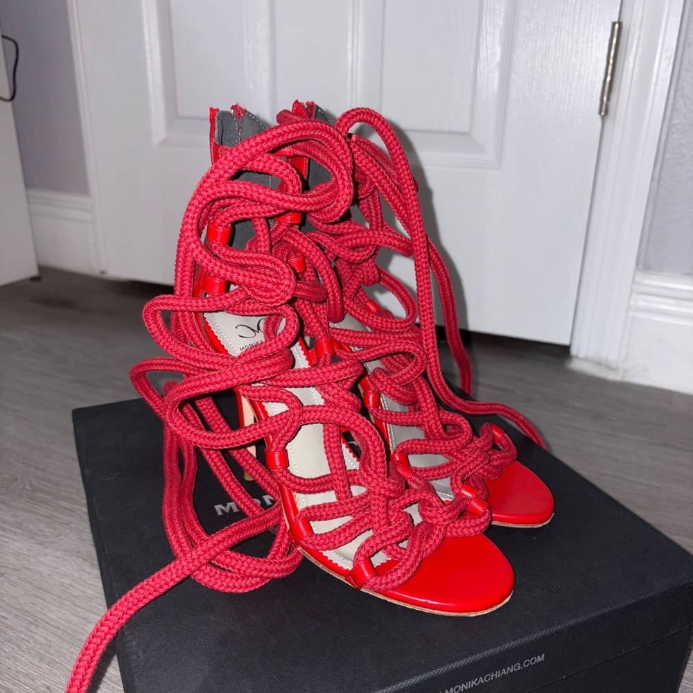 Monika Chiang Red Rope Lace-Up High Heel Sandals
